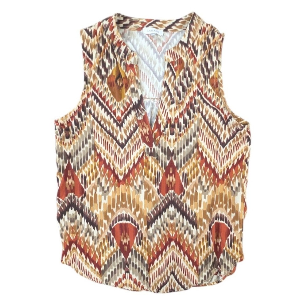 Lascana Women Size 4 Brown Orange Ikat Geometric Viscose Sleeveless Blouse Top